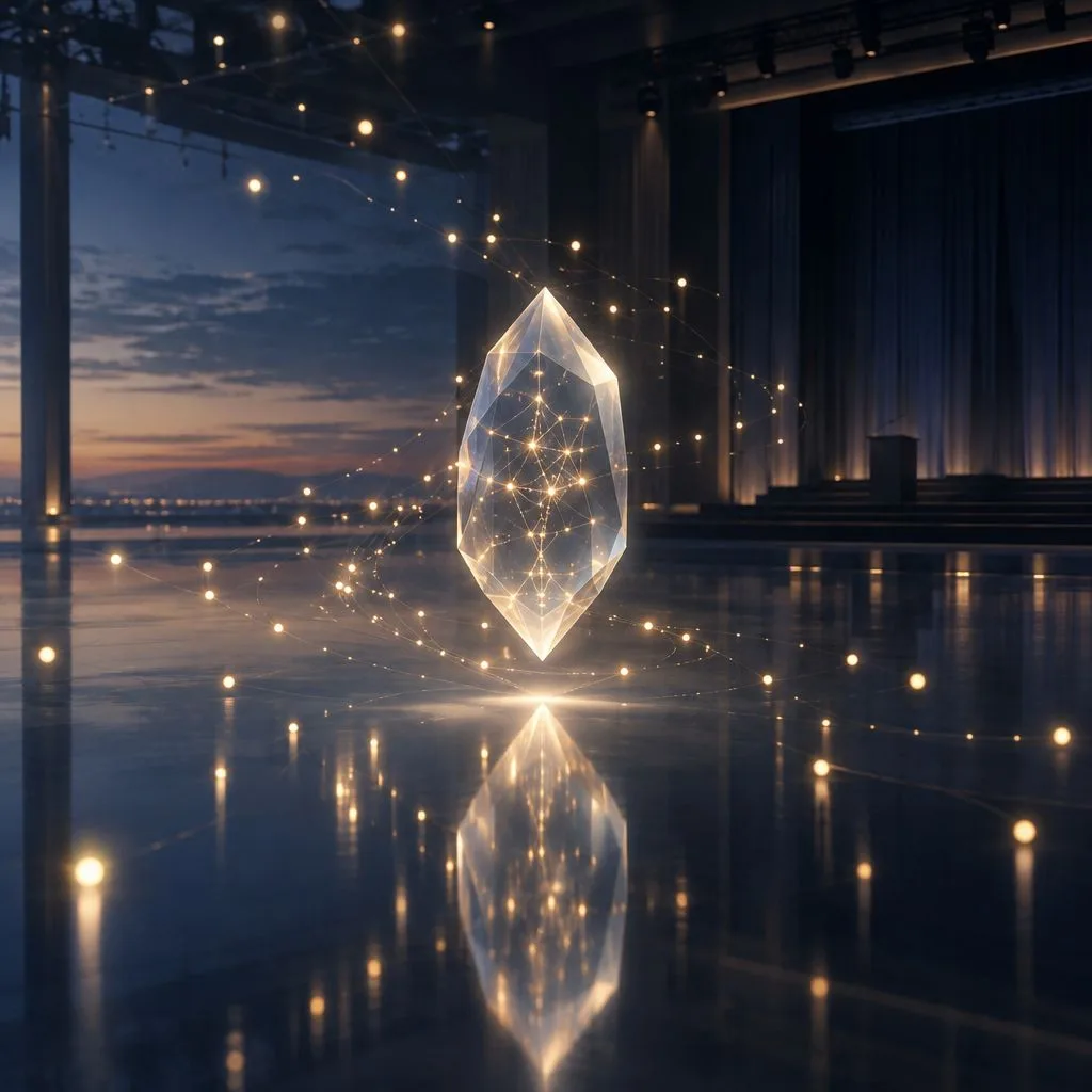 Cristal lumineux entouré d’un réseau de points et de lignes, reflété sur le sol d’une salle de conférence.