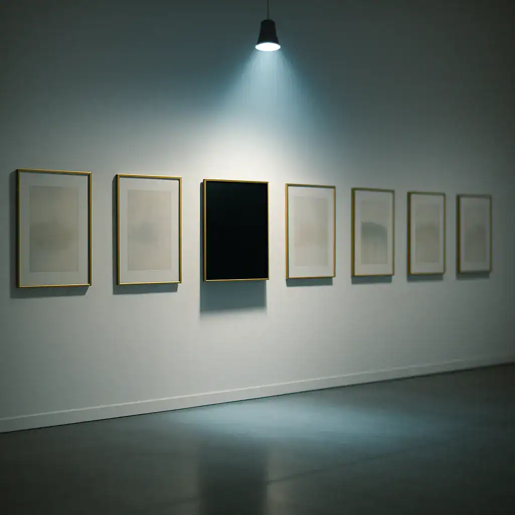 Une série de tableaux accrochés sur un mur, avec un cadre noir éclairé par une lampe suspendue.
